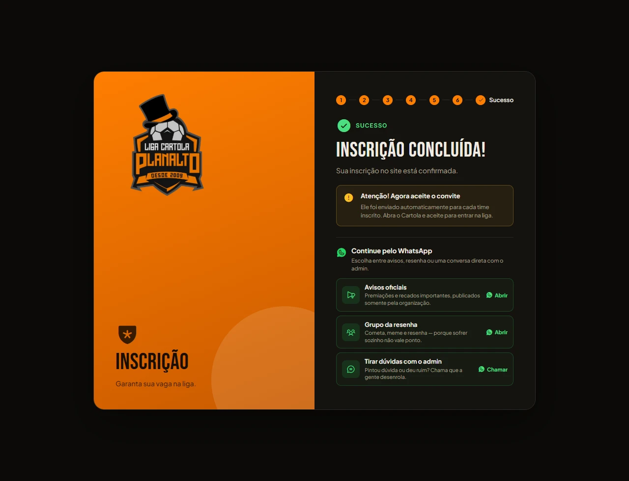 Tela de sucesso orientando o aceite do convite e exibindo os cards do WhatsApp